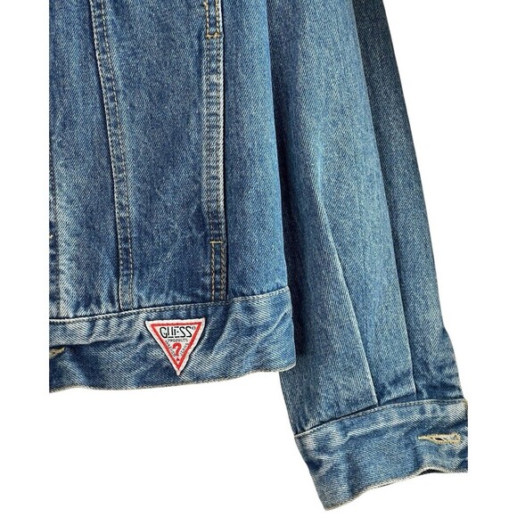 Guess Triangle Logo VTG 90’s Batwing Cropped Blue Denim Jacket  Size Small USA - Picture 3 of 10